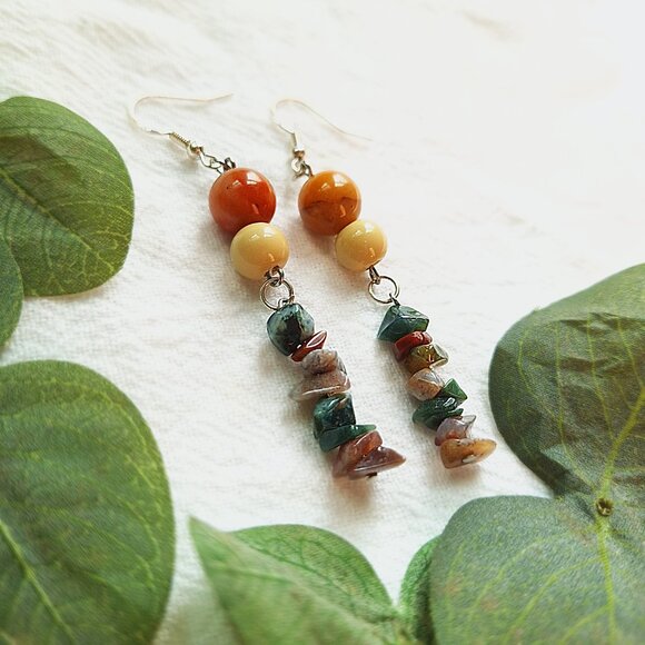 Golden Thread Jade Sterling Silver Dangle Earrings Boho Chic Hippie Gifts Agate - Picture 3 of 7